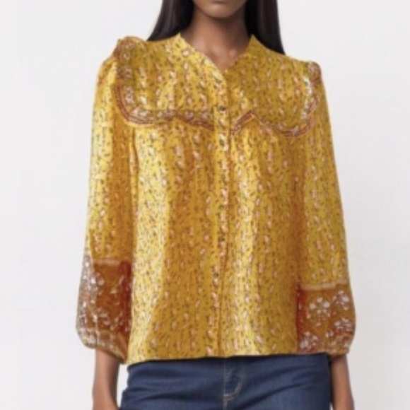 Joie NWT Yellow & Brown Floral 100% Cotton Ruffled Peasant Cottage Core Top S/P - Picture 1 of 7